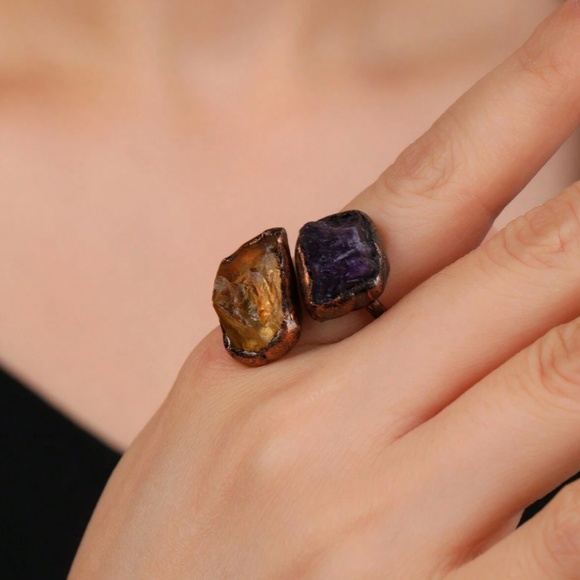 Vintage Bronze Color Ring With Natural Amethyst, Citrine And Fluorite Stones